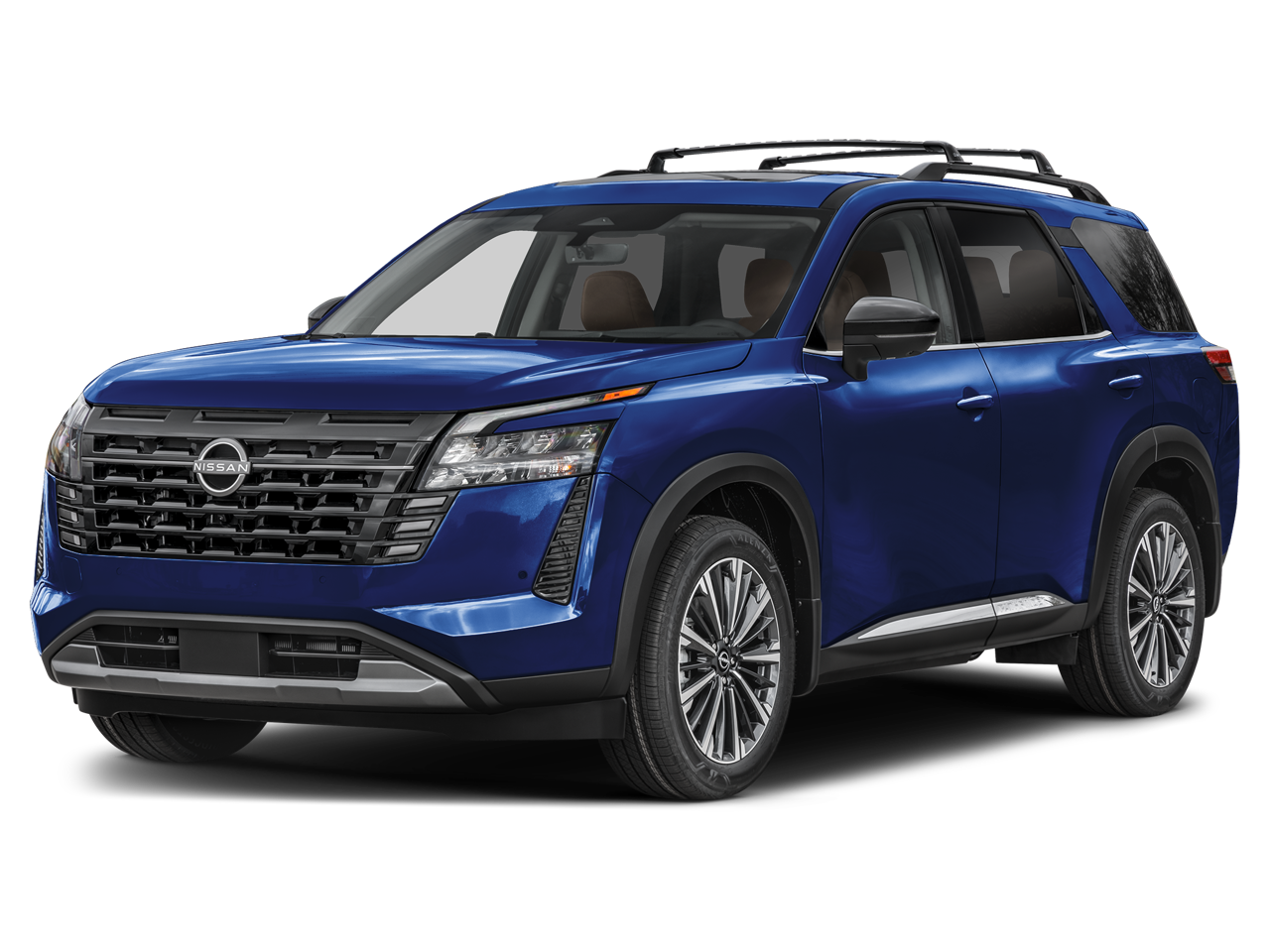 2026 Nissan Pathfinder Platinum in Deep Ocean Blue Pearl — front three-quarter view