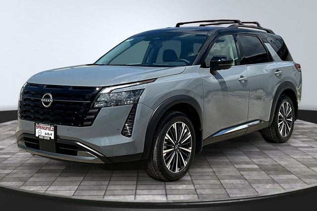 2026 Nissan Pathfinder Platinum in Boulder Gray/Super Black — front three-quarter view